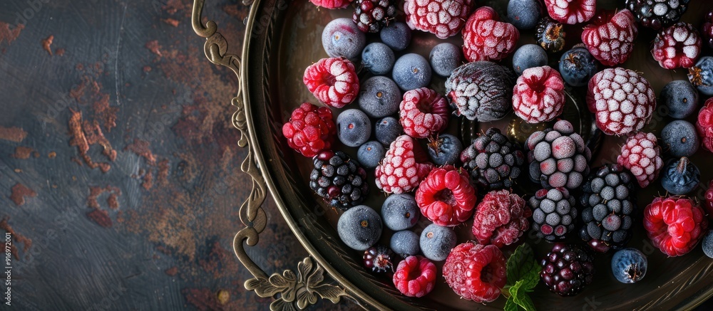 Poster top down view of a vintage metal tray filled with a variety of frozen berries providing an area for 