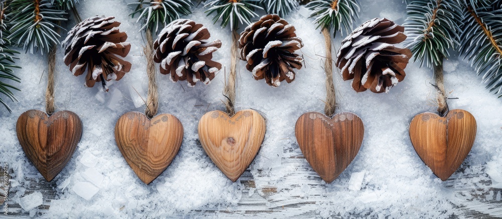 Poster heart shaped wooden decorations displayed on a snowy wooden backdrop with space for adding images. c