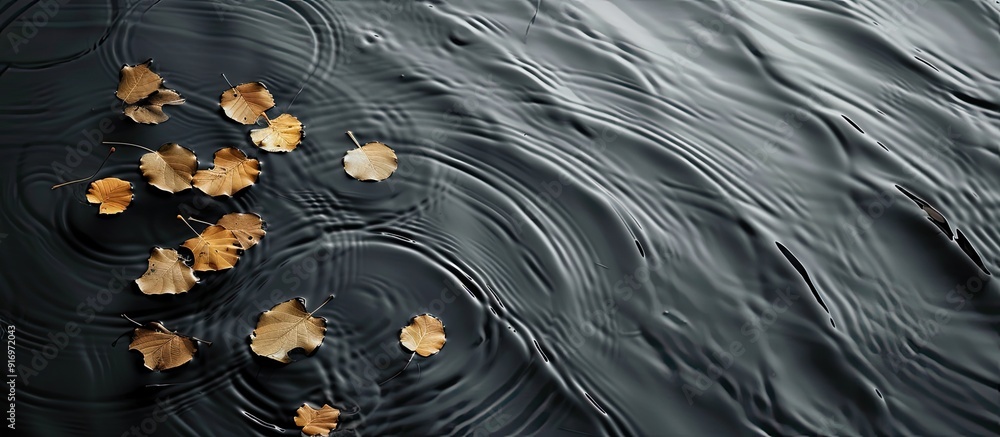 Aufkleber shadowy paths guide across the gray water surface adorned with golden bodhi leaves in a tranquil set