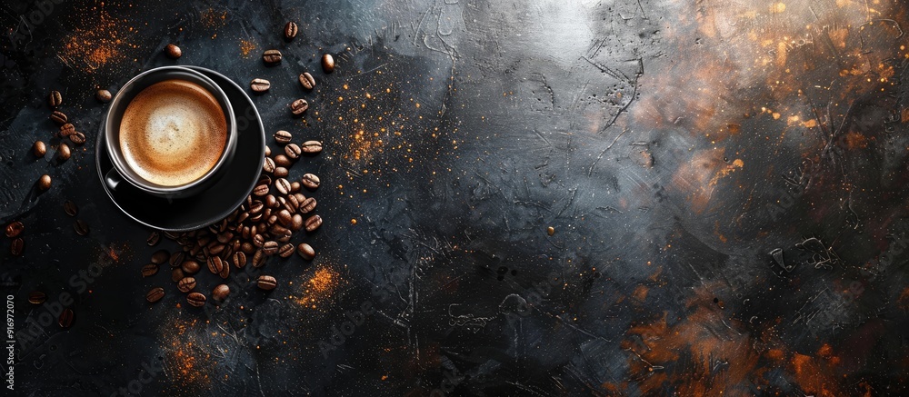 Poster sparkling coffee concept background with coffee cup beans and bright light on black rustic vintage t