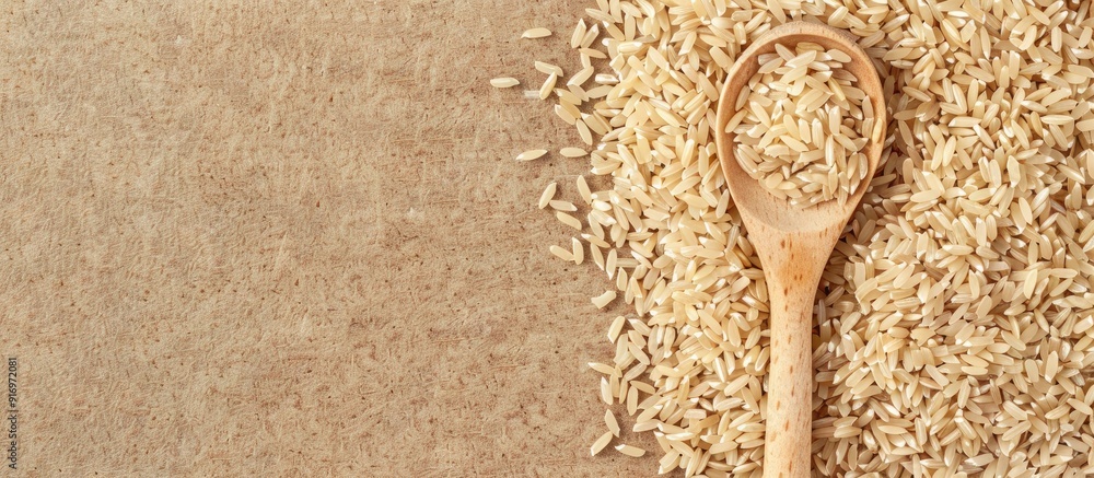 Poster top view of a wooden spoon with cereal on uncooked brown rice providing space for text in the image.