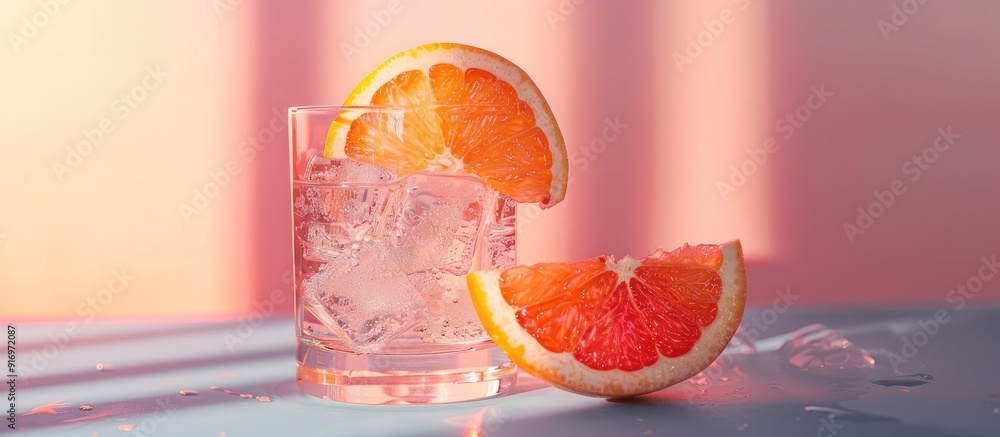 Leinwandbilder Grapefruit slice on glass with color background creating a captivating copy space image