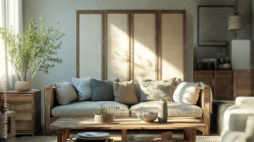 Poster light living room with folding screen comfortable sofa coffee table and chest of drawers : generativ