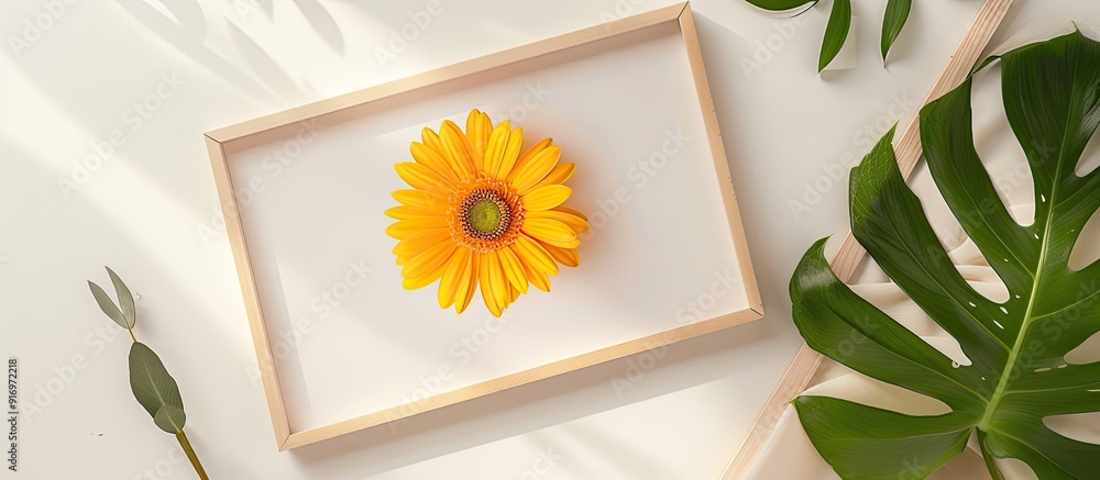 Poster A table showcases a photo frame mockup featuring a yellow flower with ample copy space image