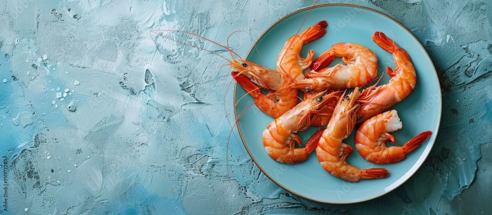 Poster Freshly cooked shrimps on an antique plate on a light blue background with space for adding text or other images emphasizing a seafood and health focused theme. Creative banner. Copyspace image