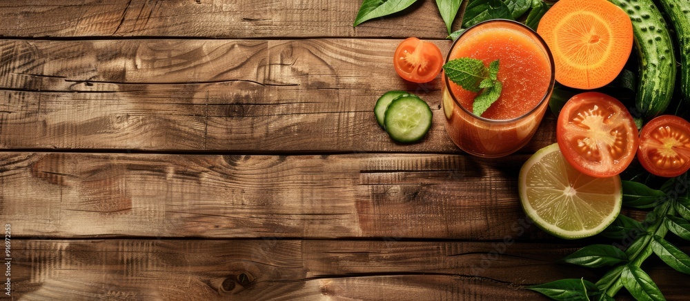 Poster A top down view of a wooden table with a fresh vegetable smoothie made of tomatoes cucumbers and carrots with empty space for text or visuals. Creative banner. Copyspace image