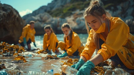 Diverse group of volunteers cleaning up the beach in protective gear