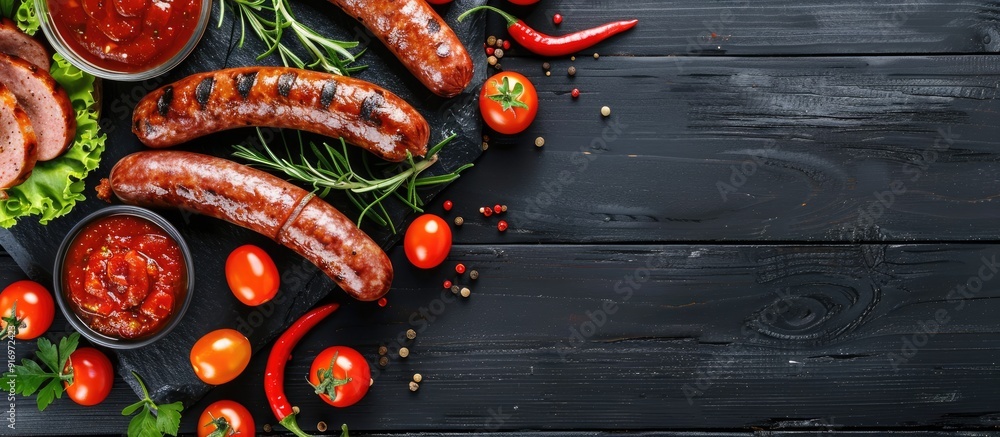 Poster varieties of tasty sausages sauce and tomatoes arranged on a black wooden table in a flat lay compos