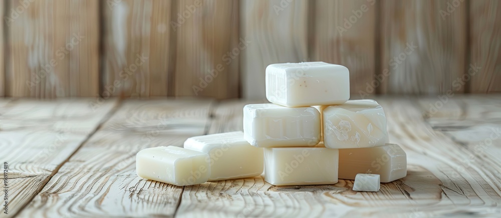 Poster White wooden table with soap blocks no isolated with copy space image