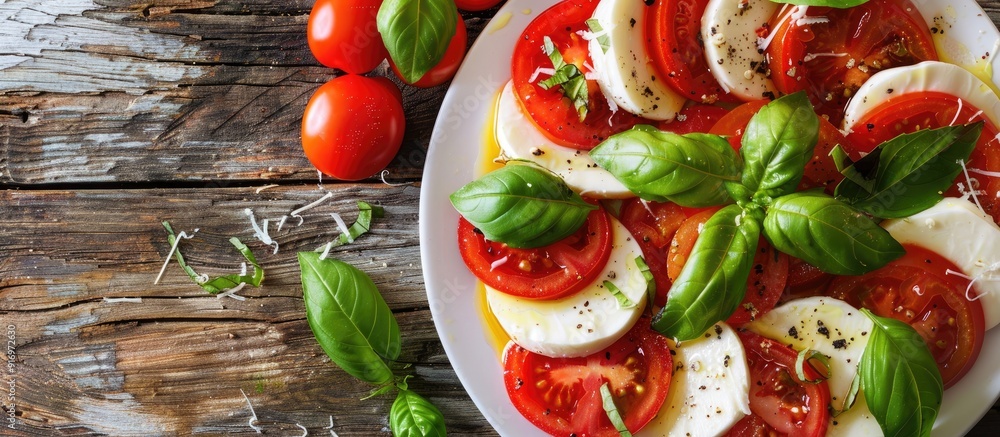 Aufkleber fresh italian caprese salad featuring tomatoes mozzarella basil and drizzled olive oil over a simple