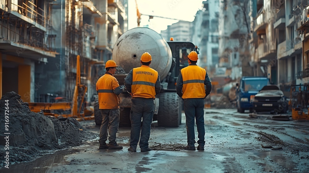 Poster Foreman and workers team meeting for planning project at construction site Site manager and builder control concrete mixer on construction site : Generative AI