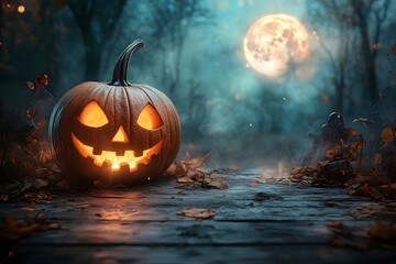 Halloween Night: Mystical Pumpkin Under the Full Moon AI generated