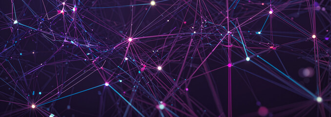 3d Digital technology background - a complex network of interconnected multiple lines and dots. purple and blue color lines