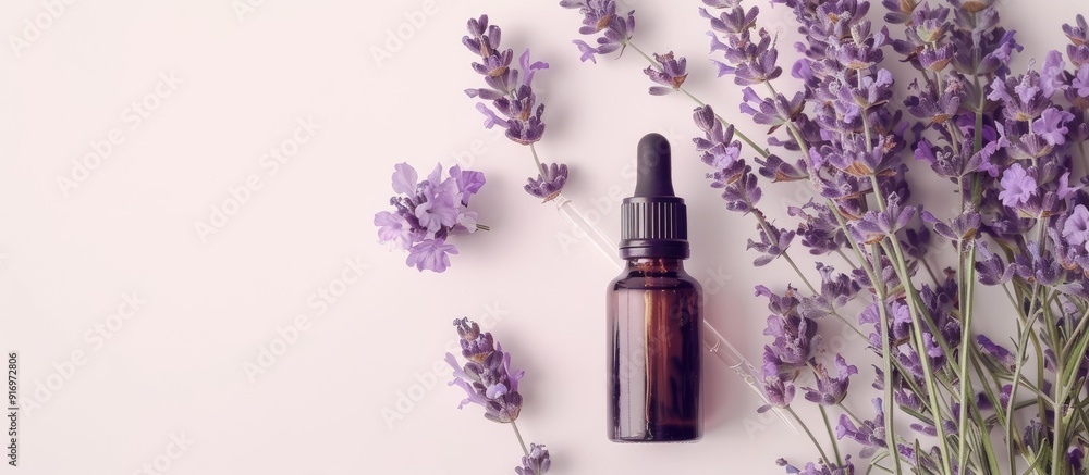 Aufkleber Glass bottle with pipette containing lavender essential oil surrounded by lavender flowers and set against a white background creating a copy space image for a serene and fragrant serum