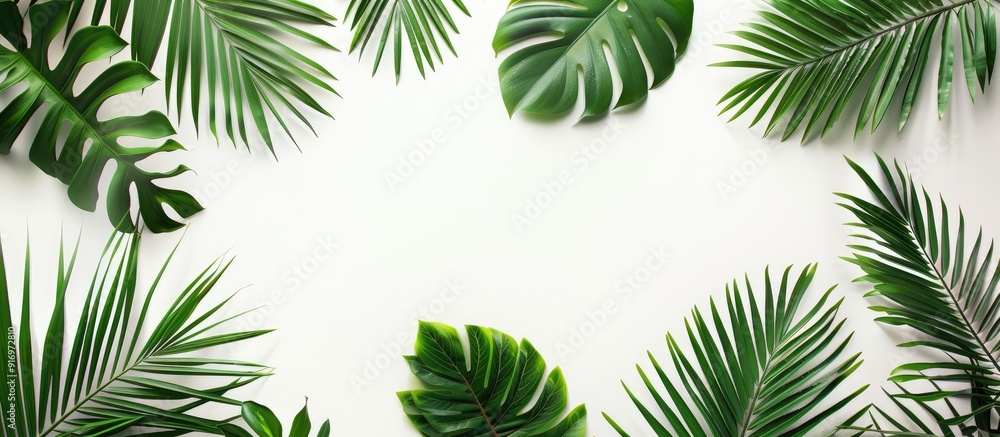 Poster Flat lay top view of a tropical green palm leaves and branches pattern frame isolated on a white background with abstract copy space image