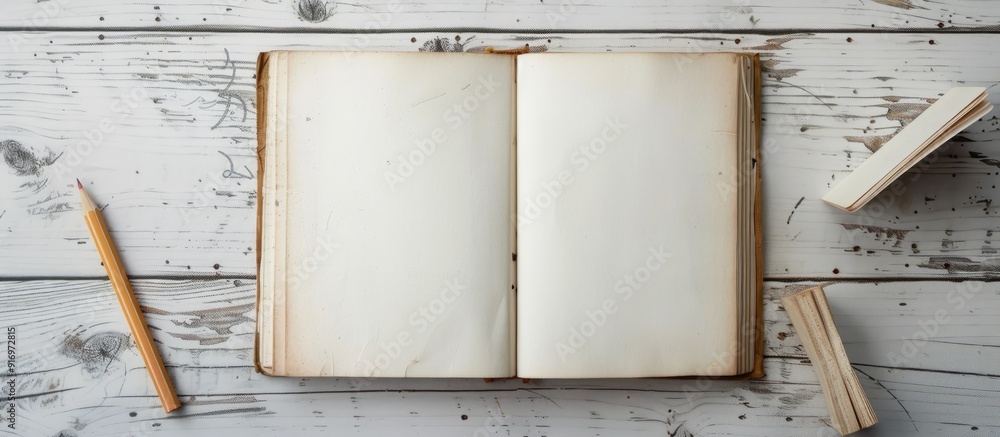 Poster retro stationery and a blank book placed on a light wooden surface featuring a responsive design moc