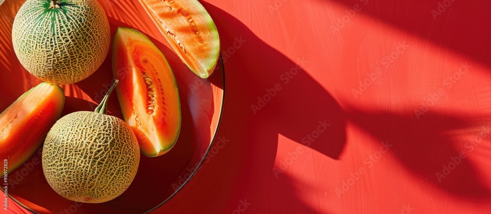 Poster A visually appealing plate display featuring delicious ripe melons set against a vibrant red backdrop with copy space image