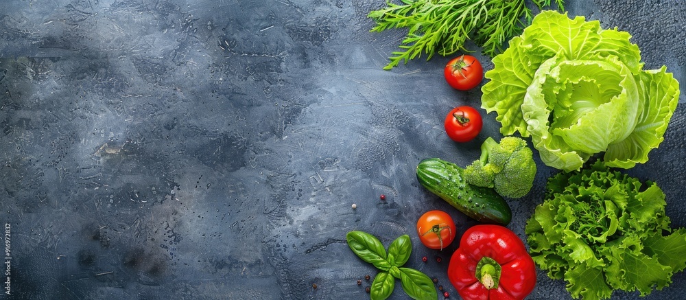 Aufkleber Top view of lettuce and other raw vegetables with free space for text in the image. Creative banner. Copyspace image