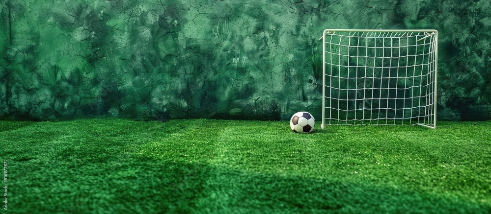 Poster mini football background for children with a soccer goal and ball on artificial turf with copy space