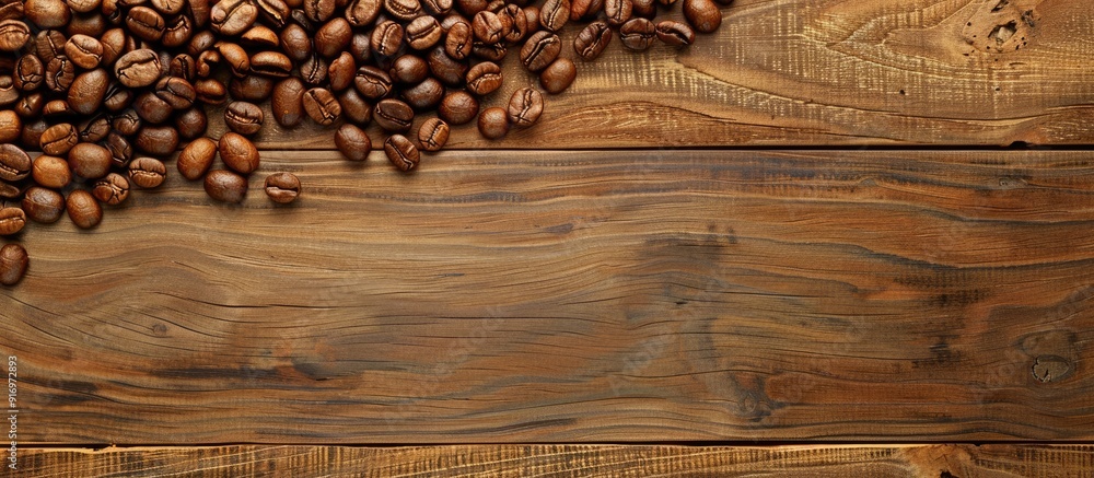 Poster A wooden background with coffee beans displayed and space for text or images. Creative banner. Copyspace image