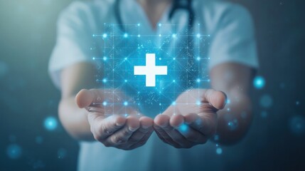 Doctor's Hands Holding a Digital Plus Sign in a Blue Grid