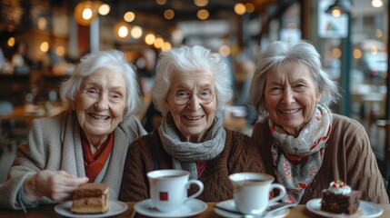 Group of elderly women enjoying breakfast in a cozy café, sharing laughs and sweet treats