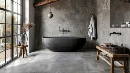 Upscale bathroom with cement walls and PVC flooring