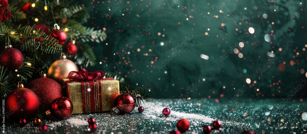 Poster Festive Christmas scene with ornaments presents and twinkling fairy lights on a snowy green table creating a lively copy space image