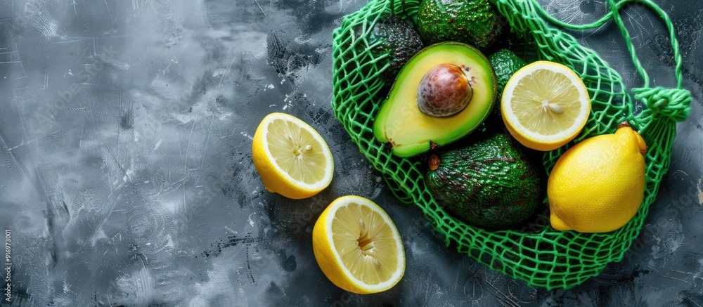 Poster high quality photo of a green string shopping bag with fresh avocados and lemons on a grey backgroun