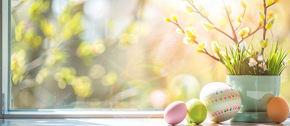Poster easter themed desk with a clear copy space image against a blurred window backdrop