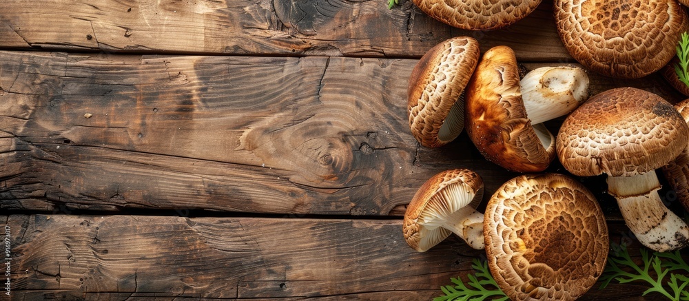 Aufkleber a wooden backdrop showcases fresh boletus mushrooms offering ample copy space for customization in t