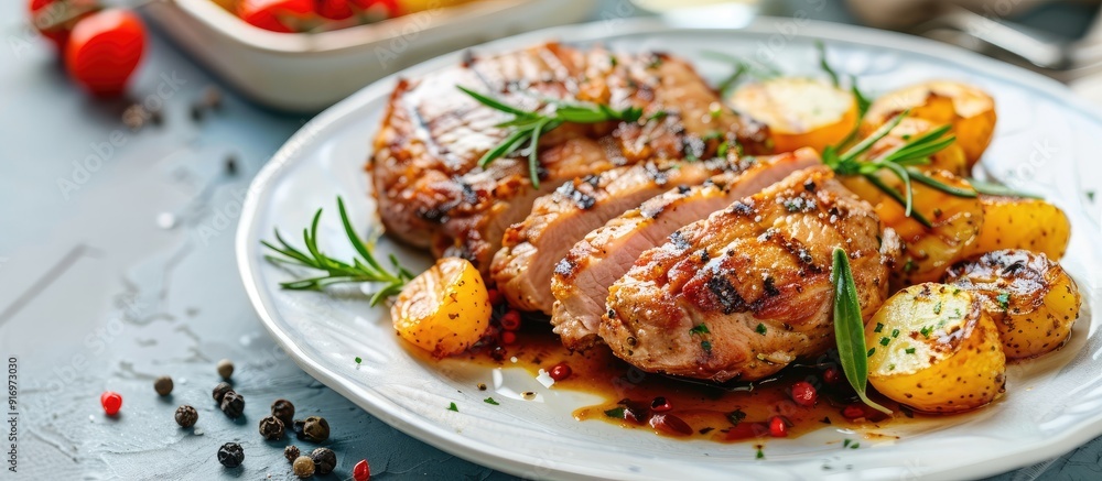 Poster a plate with a pork loin dish showcased against a clear background with copy space image