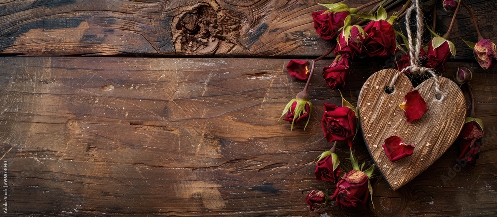Aufkleber heart shaped wooden decor alongside dried red roses a rustic display with copy space image