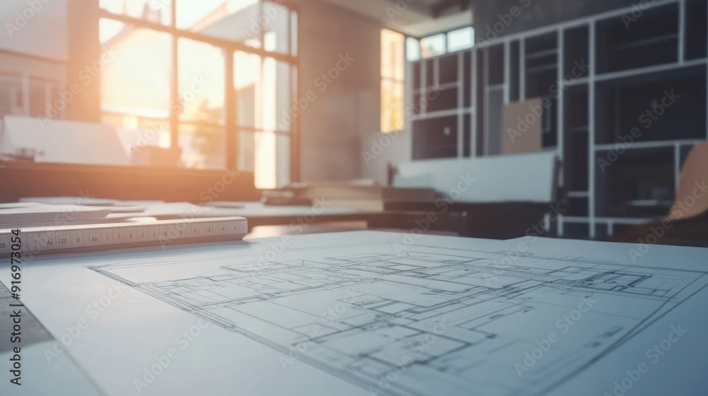 Poster architectural blueprint of a building with a ruler on a desk