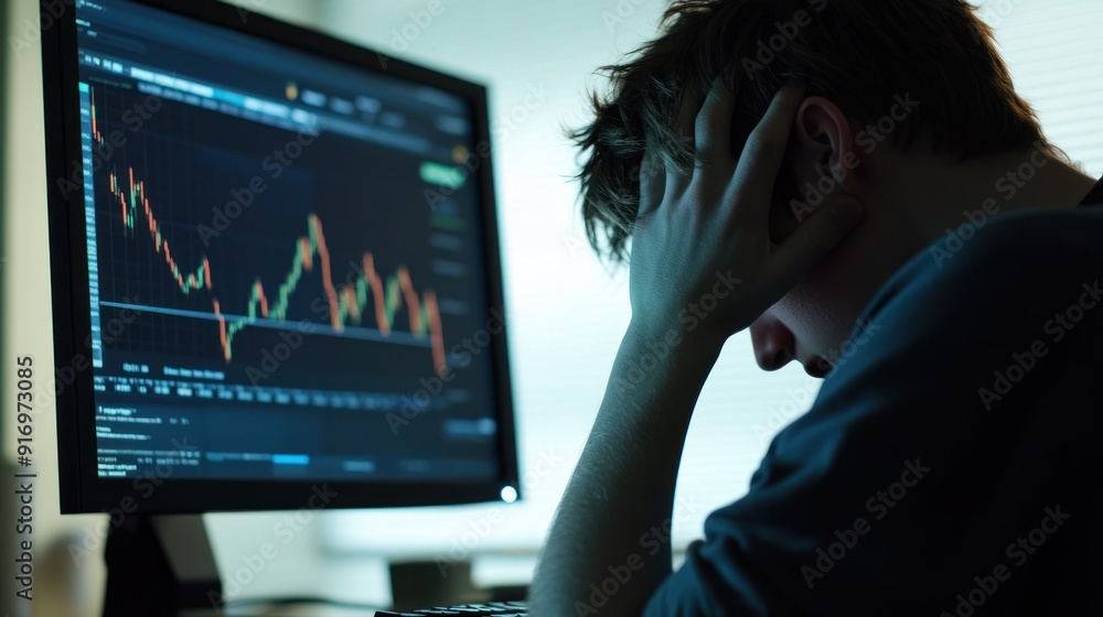 Poster man stressed by stock market data on computer screen