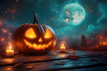 Fototapeta premium Halloween Night: Mystical Pumpkin Under the Full Moon AI generated