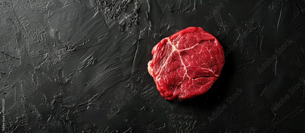 Aufkleber A raw beef tenderloin on a butcher table with a black background seen from above showcasing a copy space image