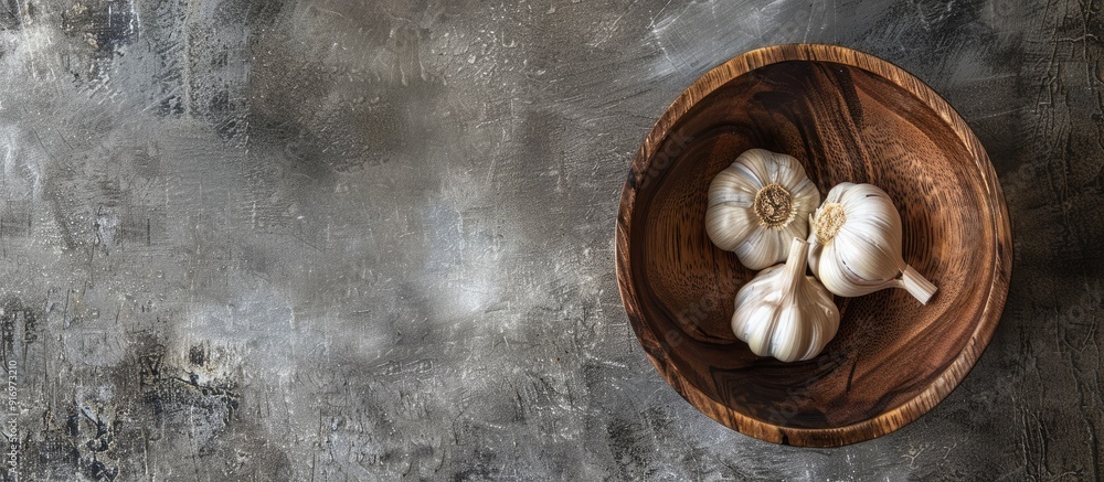 Poster wooden bowl with three garlic cloves with open area for copy space image