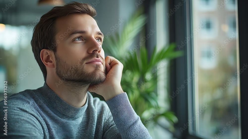 Aufkleber Thinking morning and businessman by window in office for ideas solution and insight for company growth Corporate entrepreneur and person for problem solving brainstorming decision and  : Generative AI