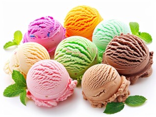 Assorted ice cream scoops arranged in a colorful display on a white background