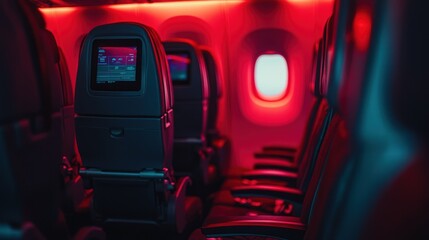 Fototapeta premium Airplane Cabin Interior with Red Lighting and Seatback Screen