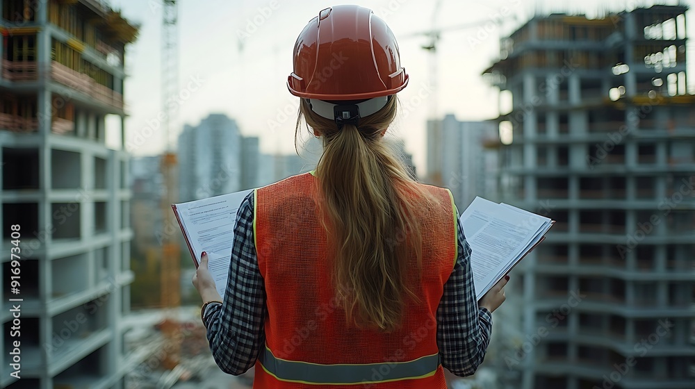 Poster young cropped unrecognizable woman in hardhat and engineer vest reading documents while standing on 