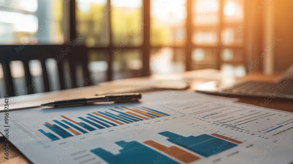 Poster blue and orange bar graphs on a desk with a blurred background