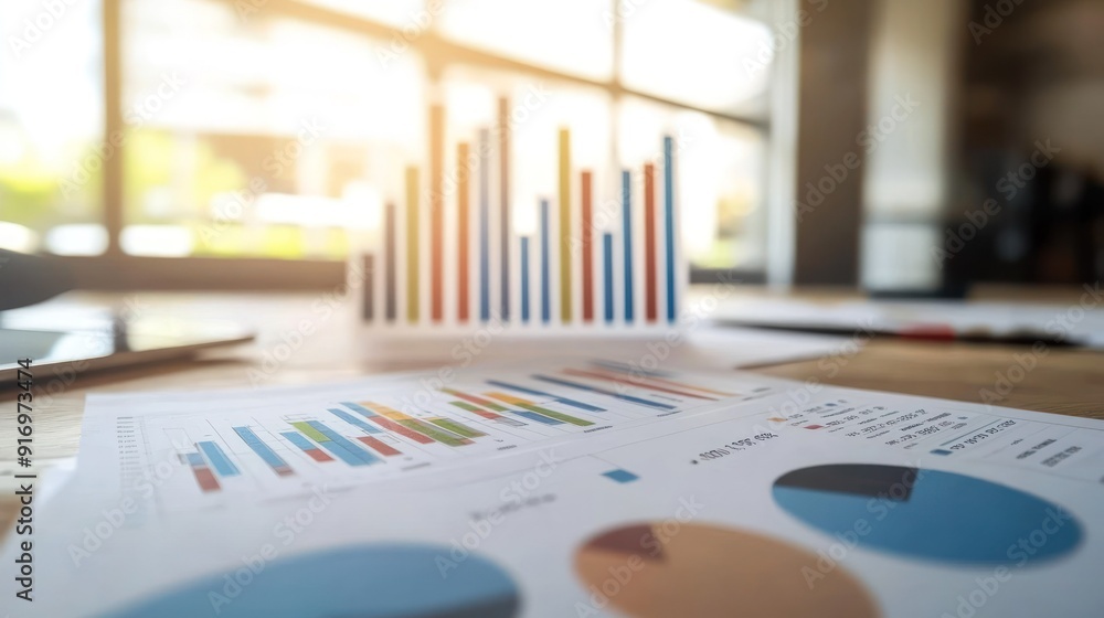 Poster close-up of bar graphs and pie charts on a desk