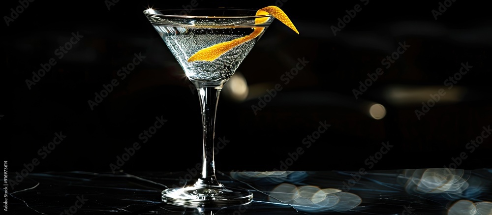 Aufkleber Horizontal format with room for text showcasing a high contrast martini image in a chilled glass with a lemon twist set against a black background with light passing through. Creative banner
