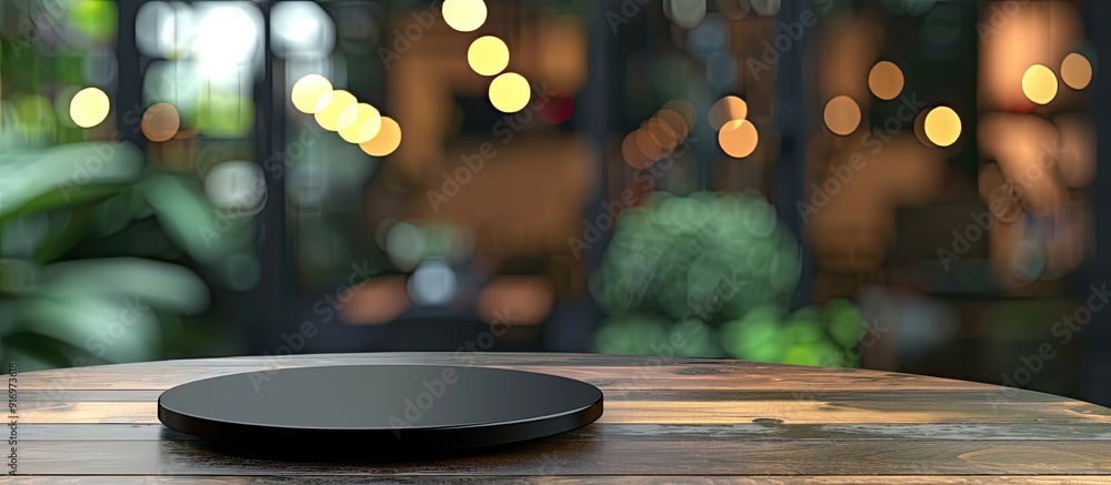 Aufkleber Round table with a blank black sign board set against a blurry background providing copy space image