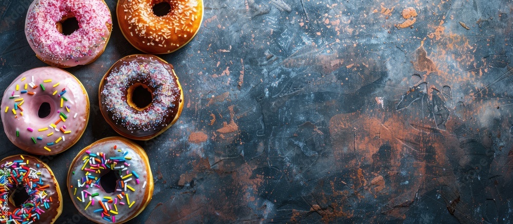 Leinwandbilder A variety of vibrant donuts displayed on a stone surface viewed from above with an empty area for text or images. Creative banner. Copyspace image