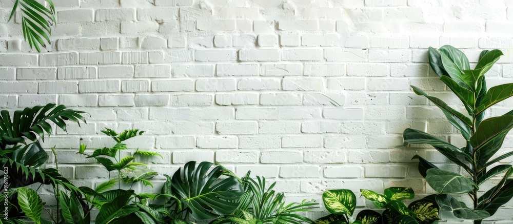 Fototapete Plants placed in front of a white brick wall create a serene backdrop for text with ample copy space image