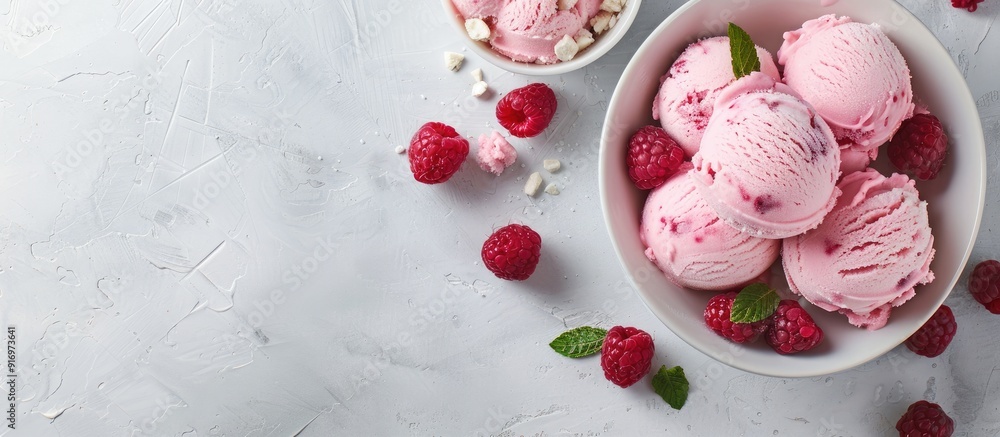 Aufkleber A top view of pink ice cream with raspberries on a white table offering copy space for text in a horizontal background setting
