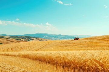 Obraz premium A bright red tractor cultivates golden wheat fields under a clear blue sky with distant hills